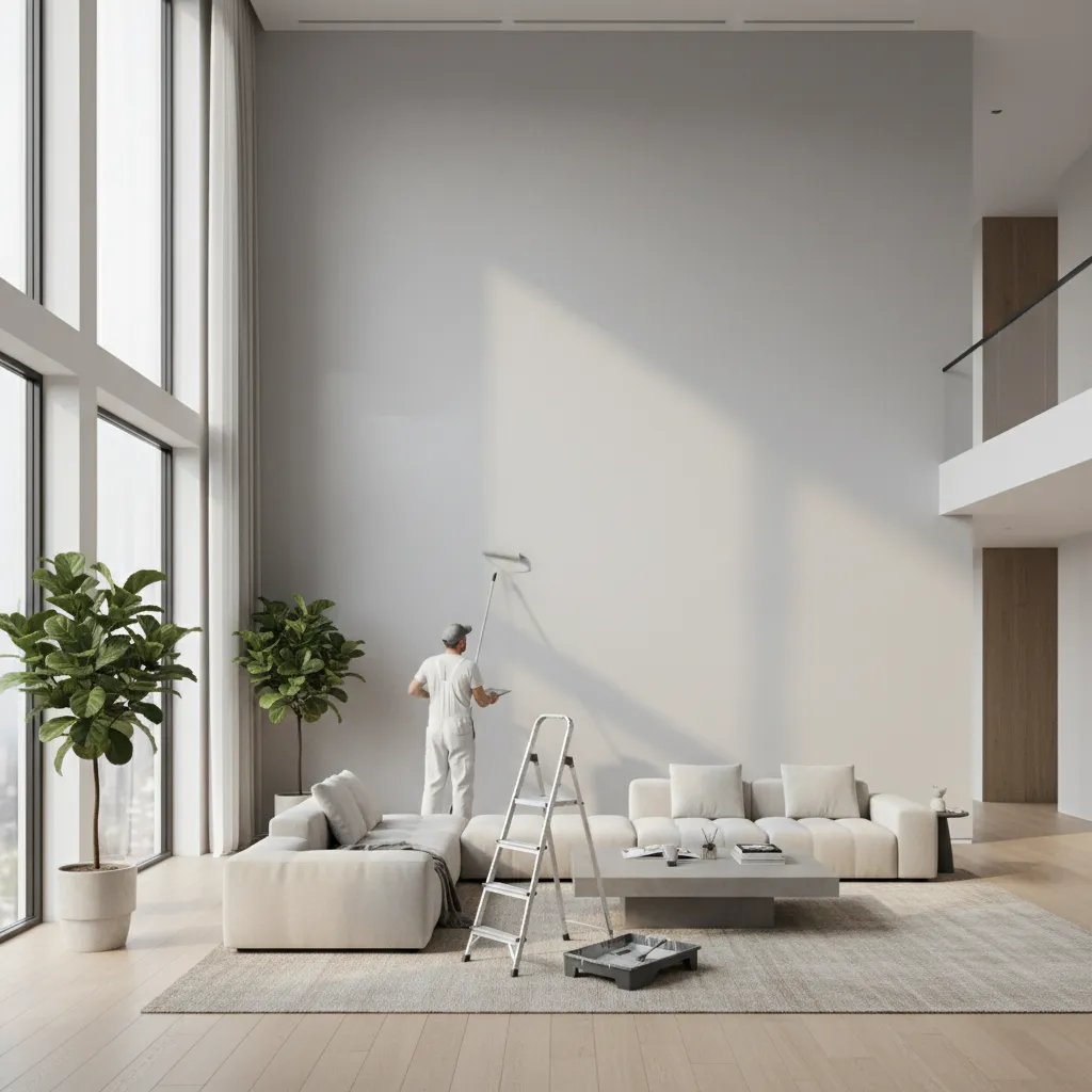 Painter applying paint to large interior wall in open plan home