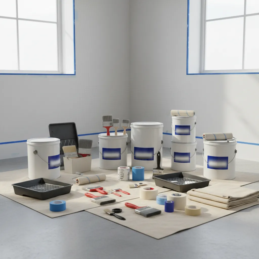 Paint cans, rollers, brushes and supplies used in residential painting projects