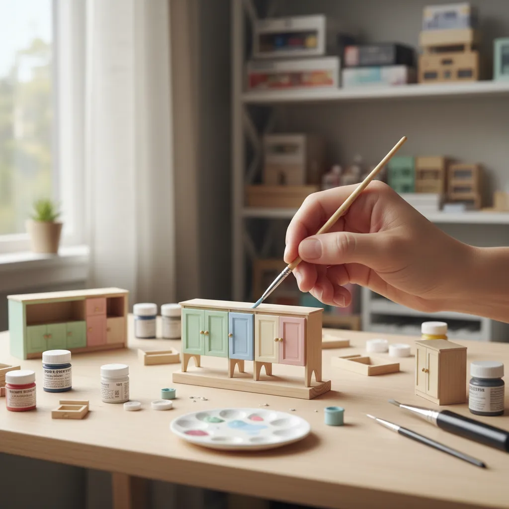 Painting miniature Barbie kitchen cabinets with acrylic paint and small brushes