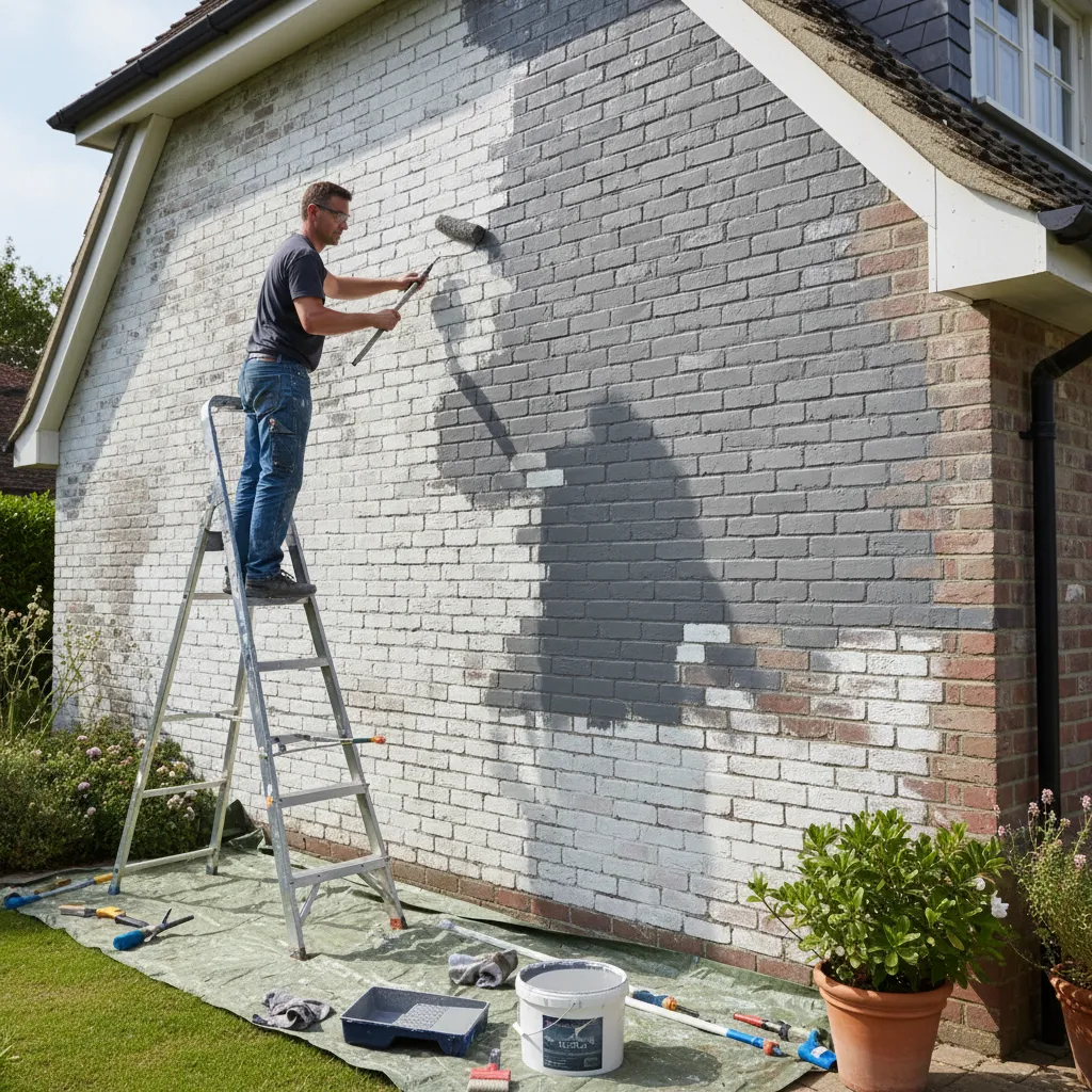 contractor applying paint over limewashed brick wall with roller