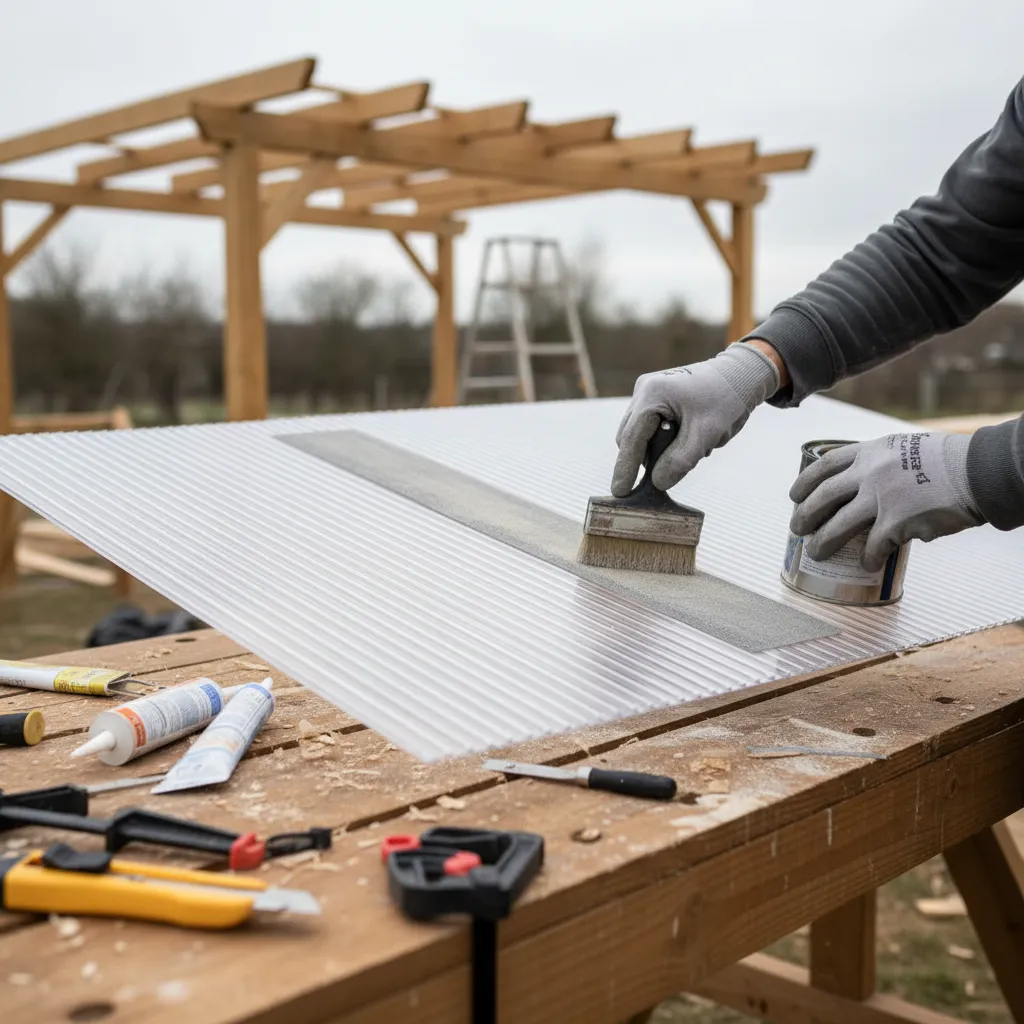 Worker applying primer to polycarbonate roof panel before painting