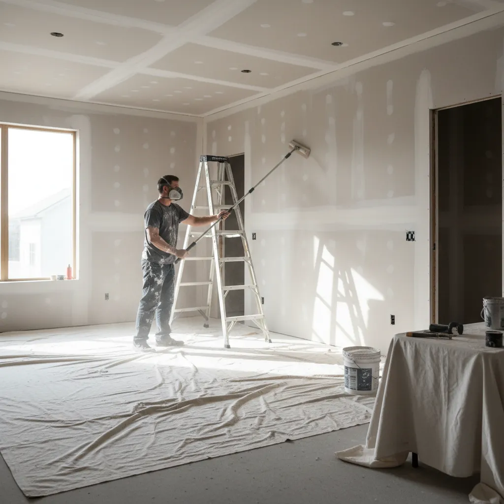 Painter sanding drywall before painting preparation stage in residential renovation