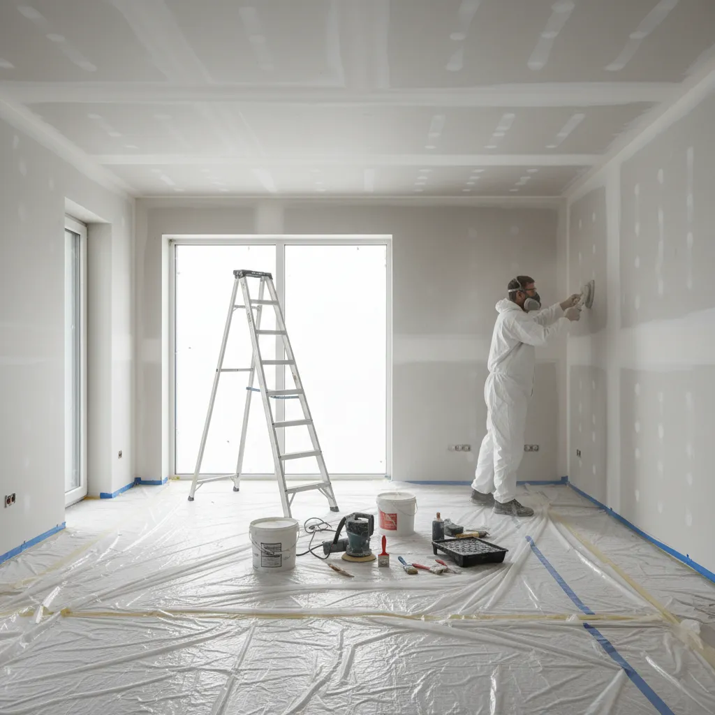 painter sanding and preparing interior wall before painting