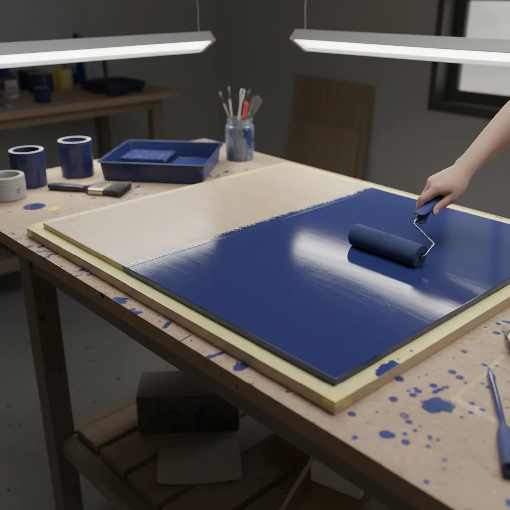 Applying second color paint on taped furniture for crisp two tone finish