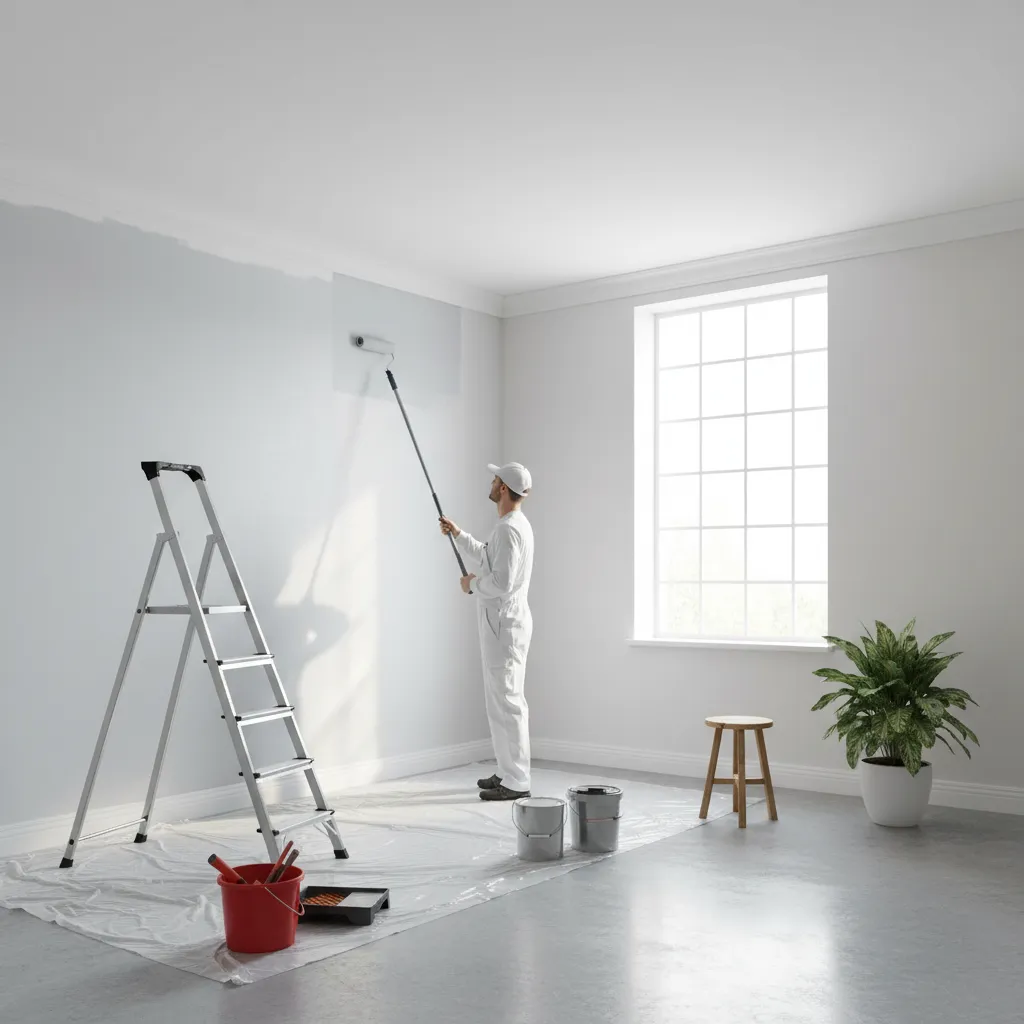 Painter rolling wall beneath freshly painted ceiling showing proper painting order