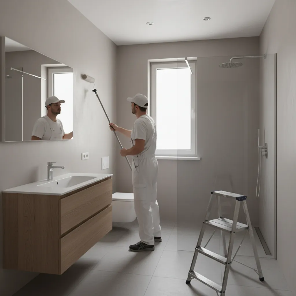 Painter working carefully in a compact bathroom interior