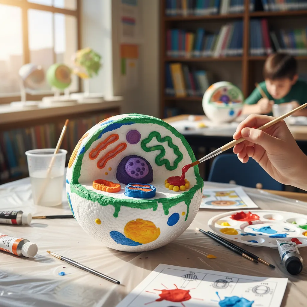 Student painting colorful organelles on a styrofoam cell model with acrylic paint