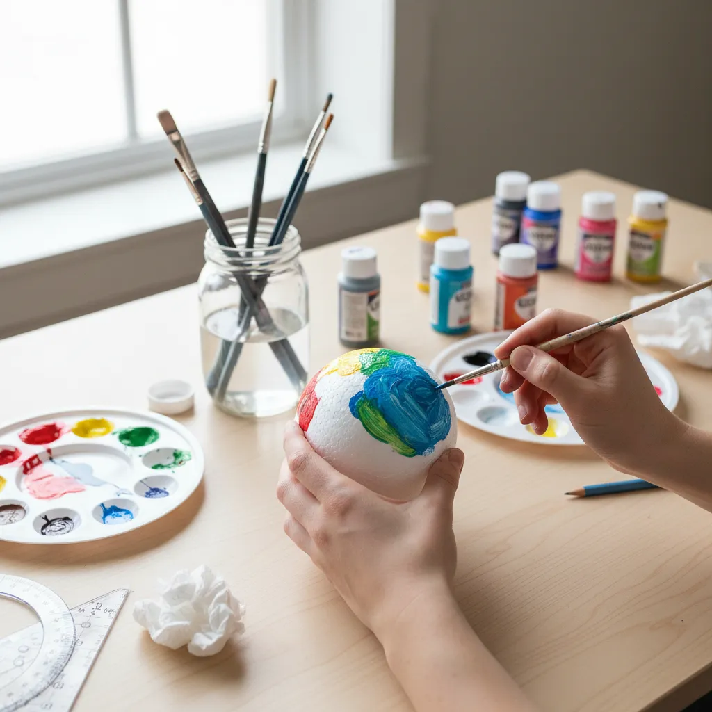 Student painting a Styrofoam cell model using acrylic paint