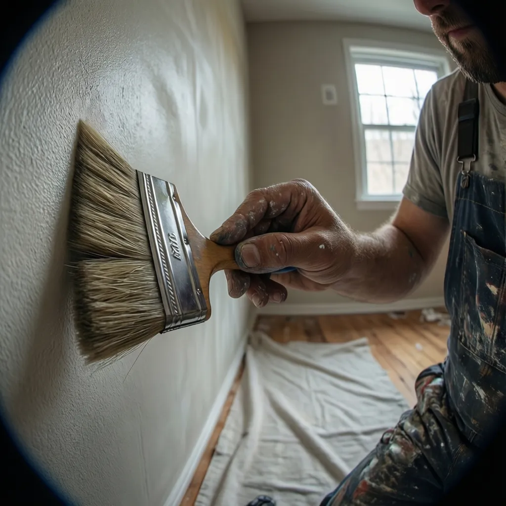 Painter using angled brush to cut wall corner in small room