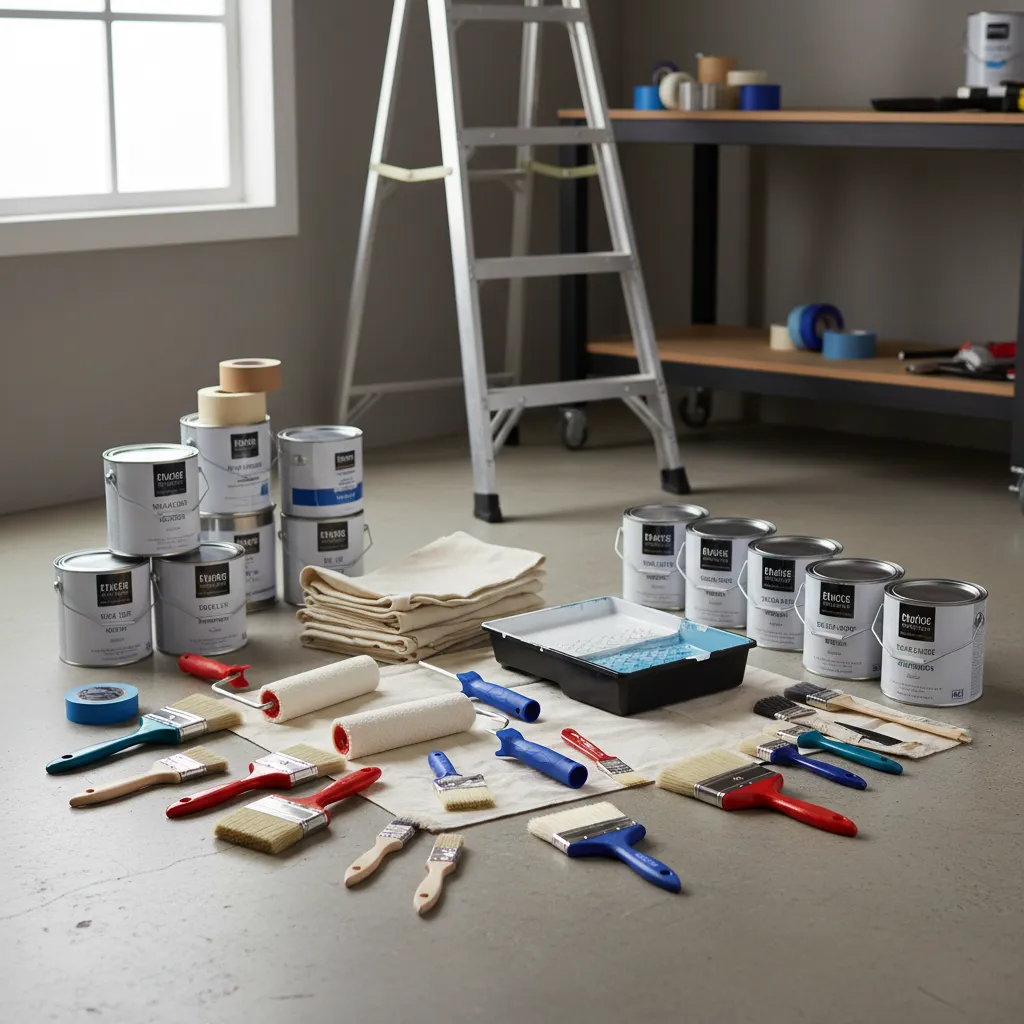 Painting tools including rollers brushes tape trays and ladders arranged for a DIY project