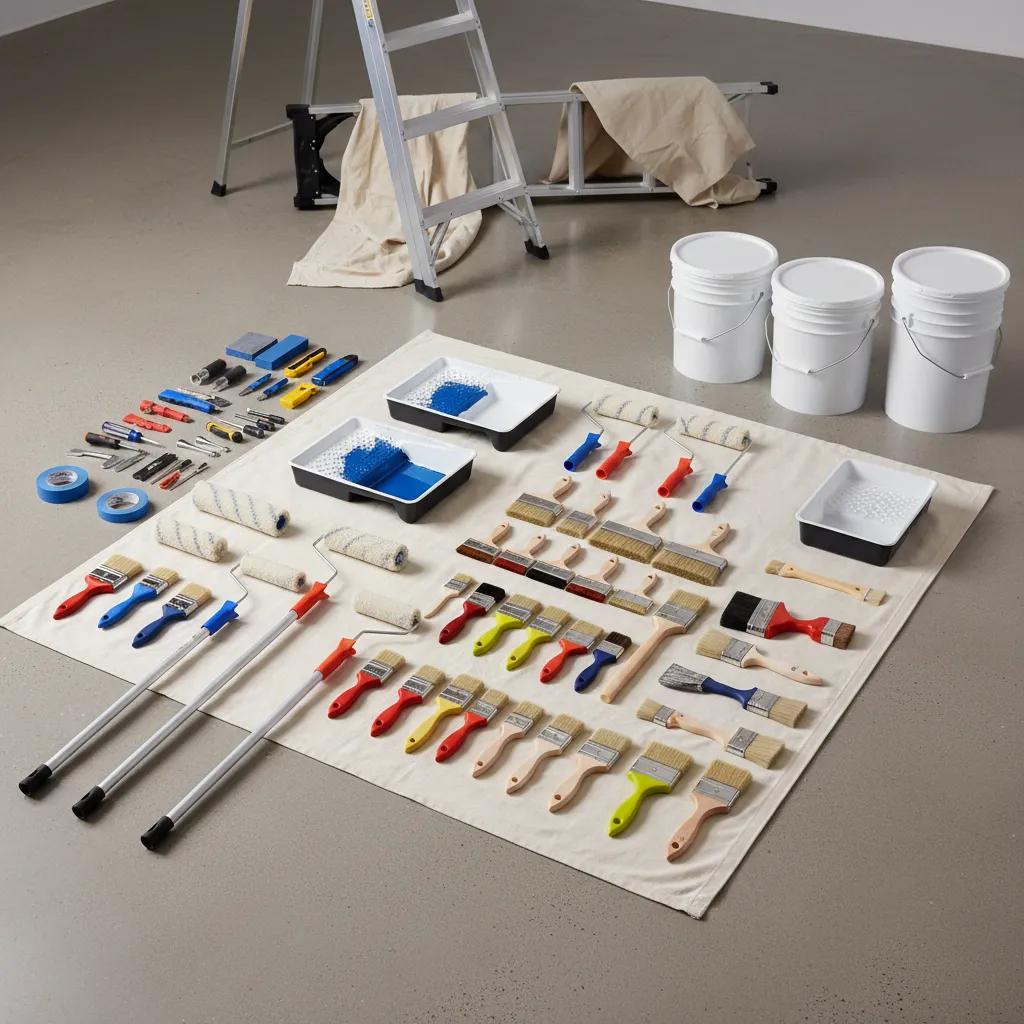 Painting tools including rollers brushes ladders and paint buckets arranged neatly