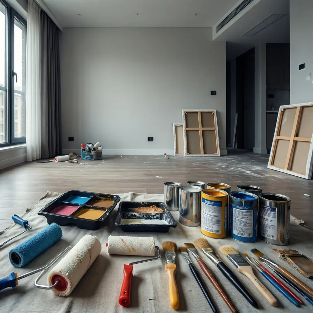paint rollers brushes trays and sealed paint cans arranged neatly before painting walls