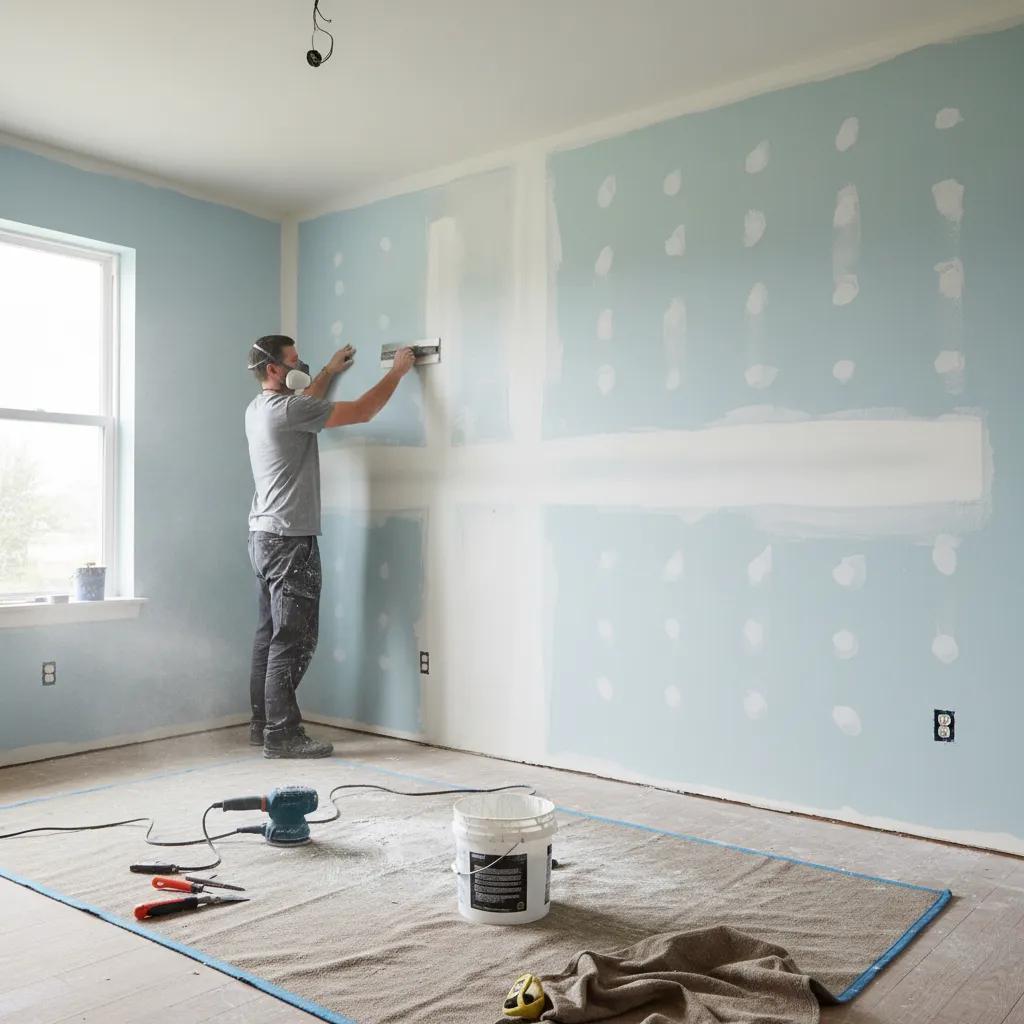 Worker repairing drywall and preparing wall surface before painting