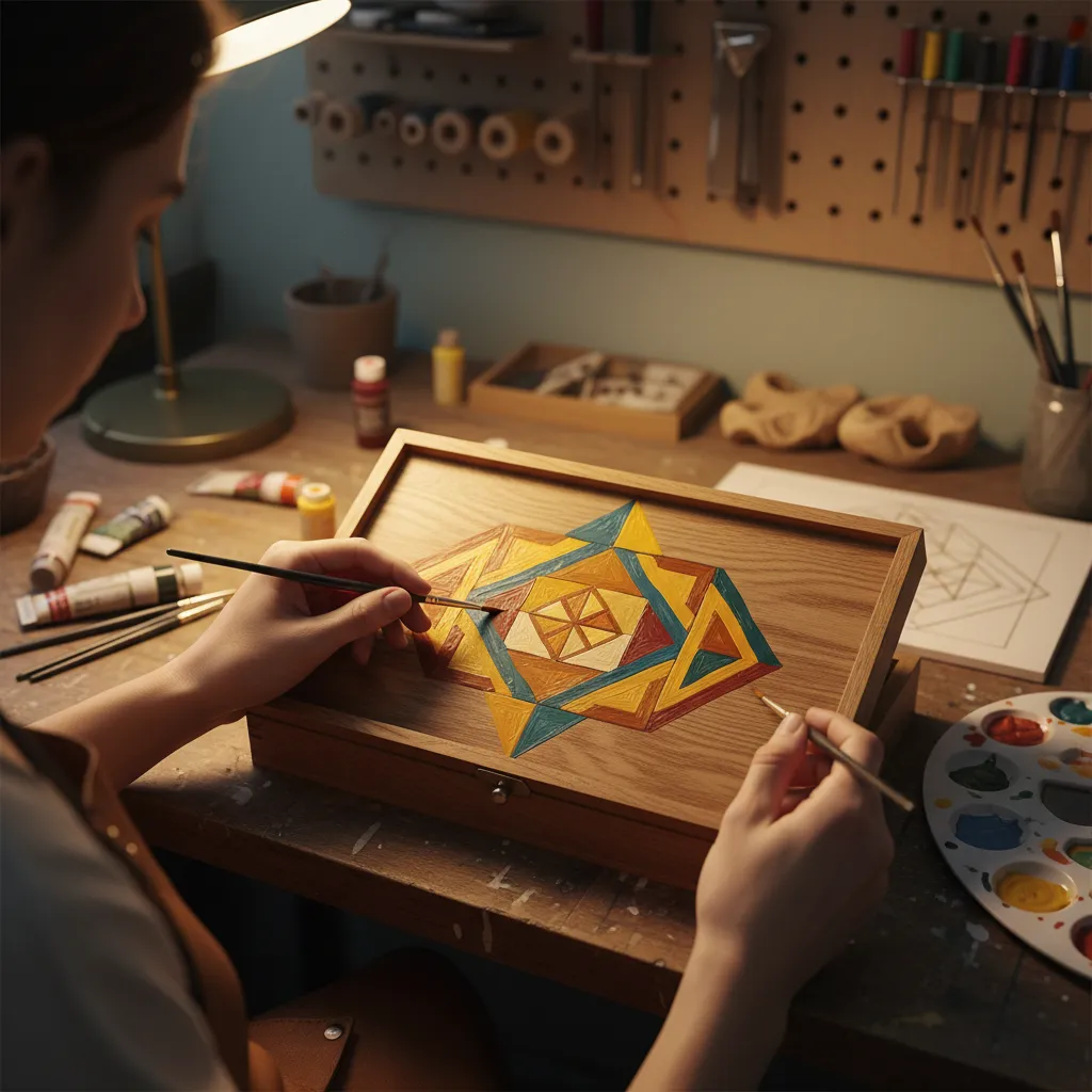 Persona pintando un diseño en la tapa interior de una caja de madera