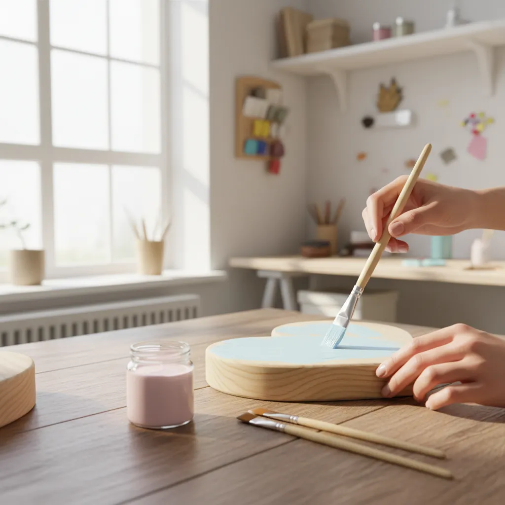 painting a wooden heart decoration with smooth even brush strokes