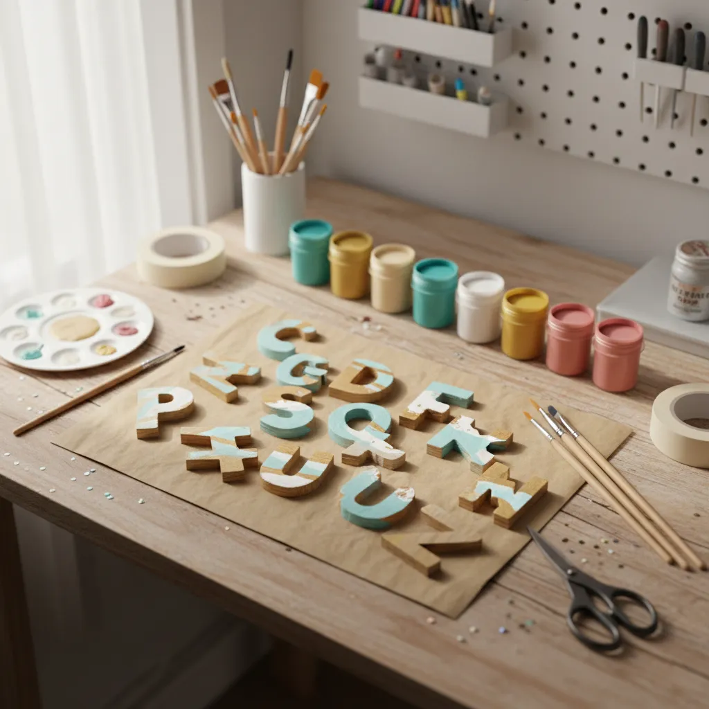 DIY wooden letters being painted on a craft table