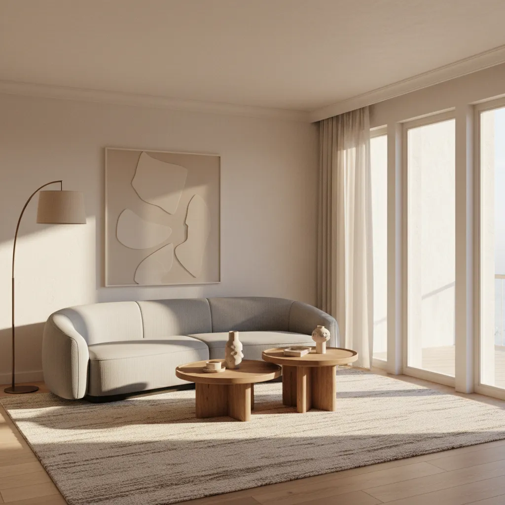 Minimalist living room featuring grey curved sofa, two round wooden coffee tables, and floor lamp