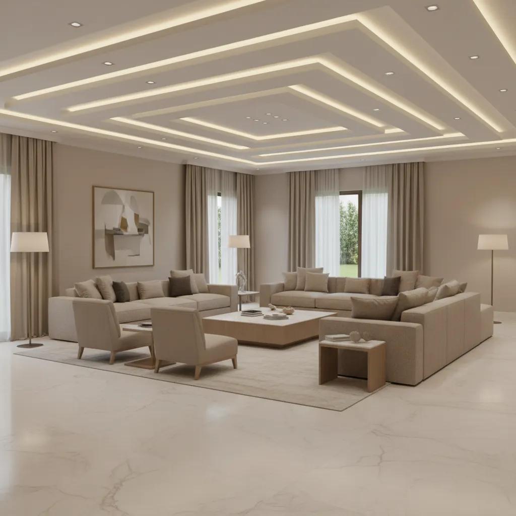 Large beige living room with sofas, armchairs, floor lamps, and decorative layered square ceiling light