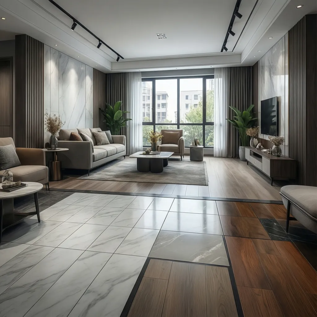 Interior space showing multiple flooring types including tiles marble and epoxy