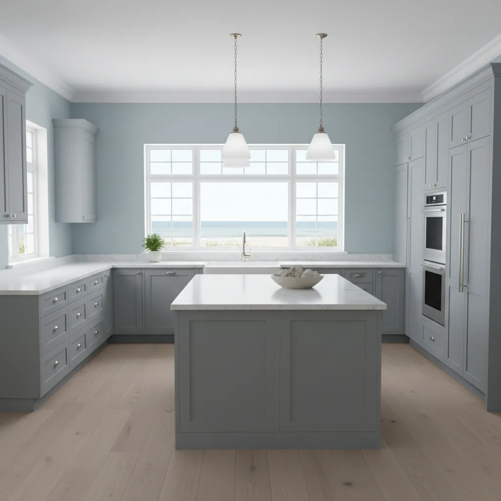 Pale blue kitchen walls with grey cabinets