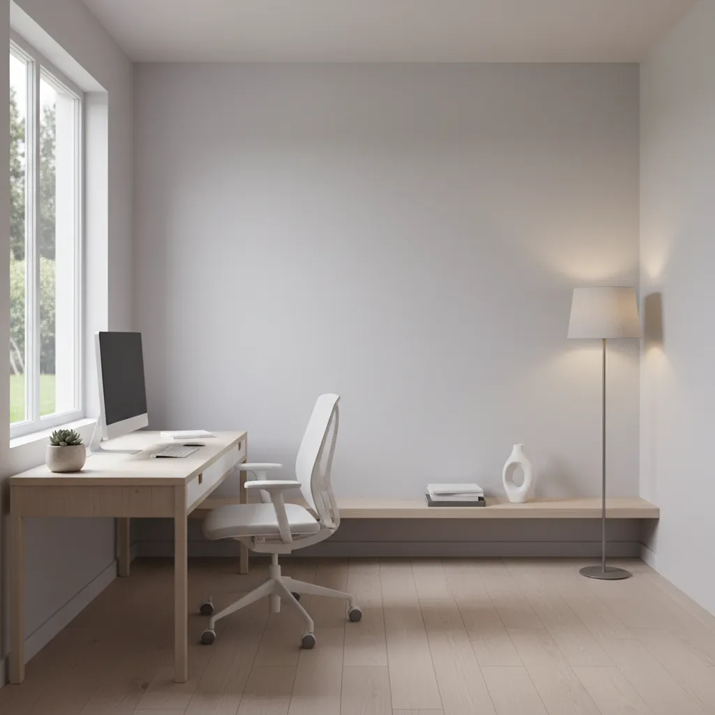 Small home office painted pale gray with modern furniture