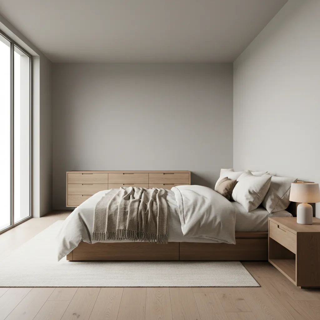 pale greige wall color reflecting light in a dim bedroom