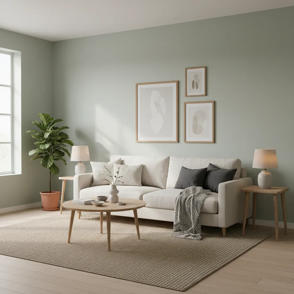 small living room with pale sage walls cream sofa and soft neutral decor