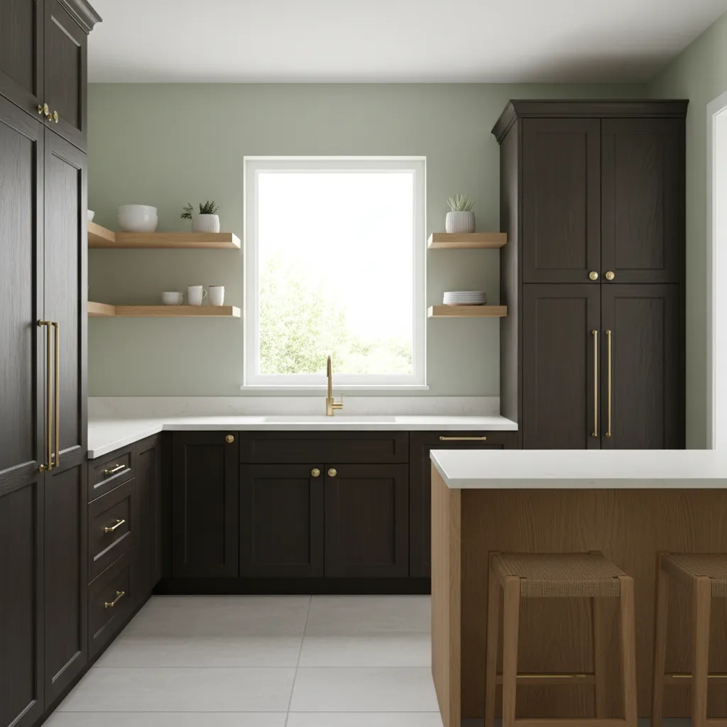 Small kitchen with pale sage green walls and dark cabinets