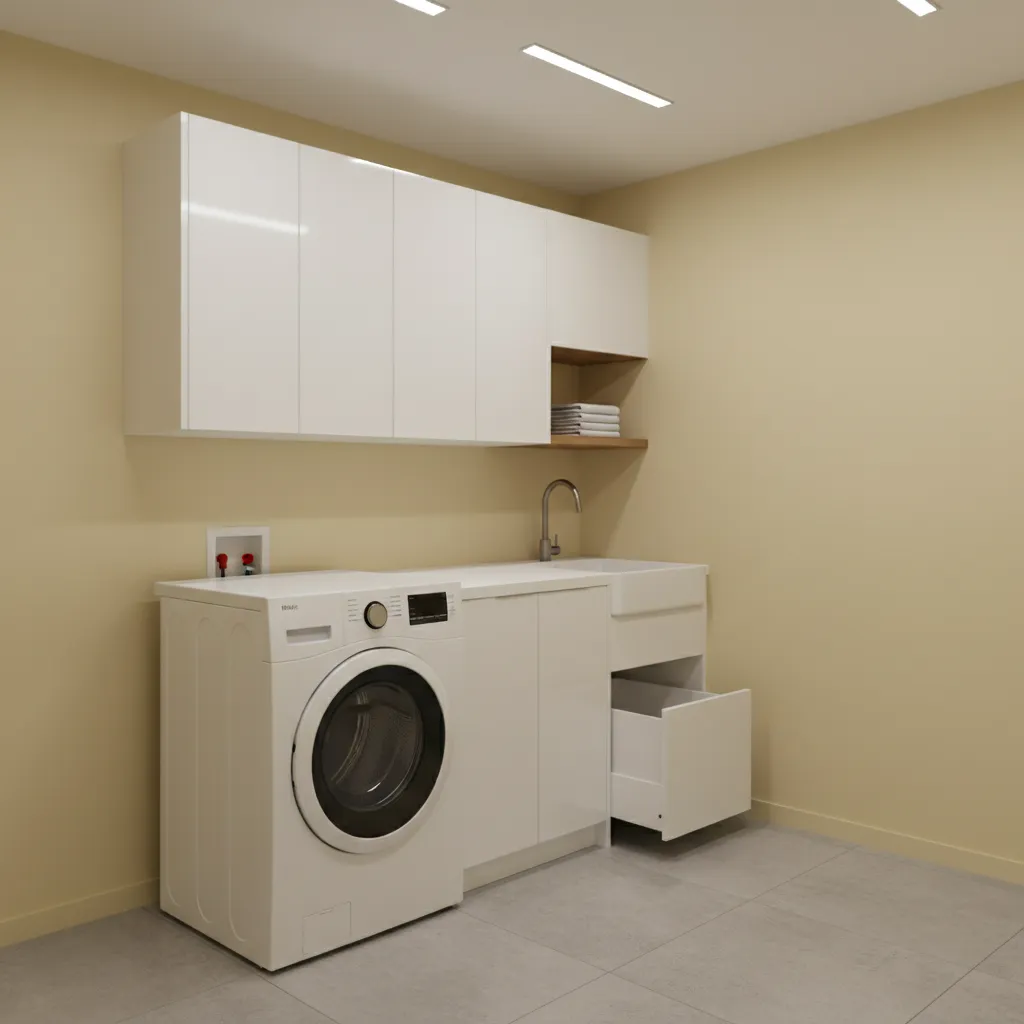 Small laundry room with pale yellow walls reflecting overhead lighting