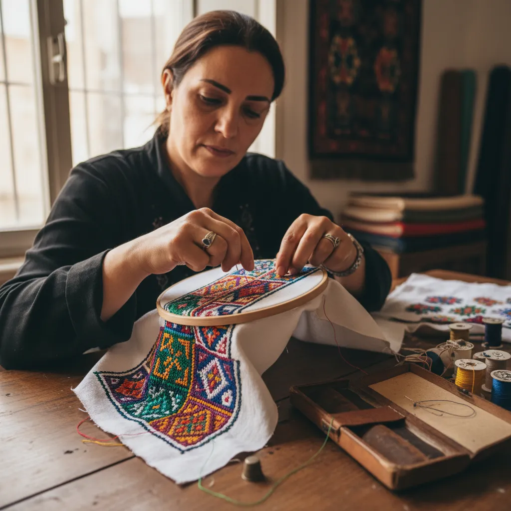 Palestinian artisan creating traditional embroidered textile by hand