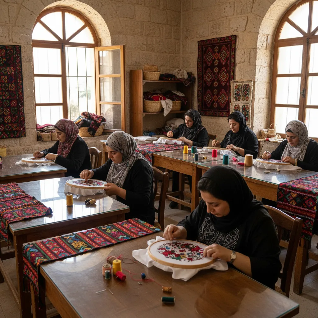 Palestinian artisans working together on traditional embroidery in a cooperative workshop