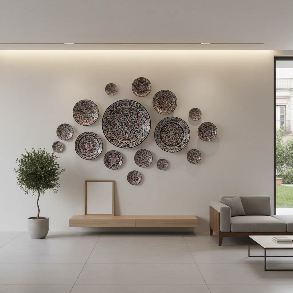 Wall display of hand painted Palestinian ceramic plates in a modern interior