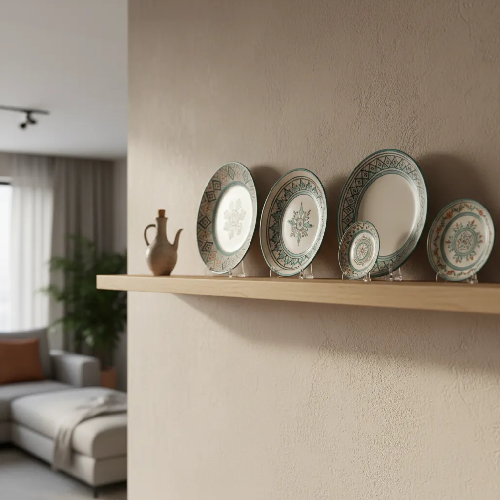 Minimalist shelf displaying Palestinian ceramic plates as statement decor