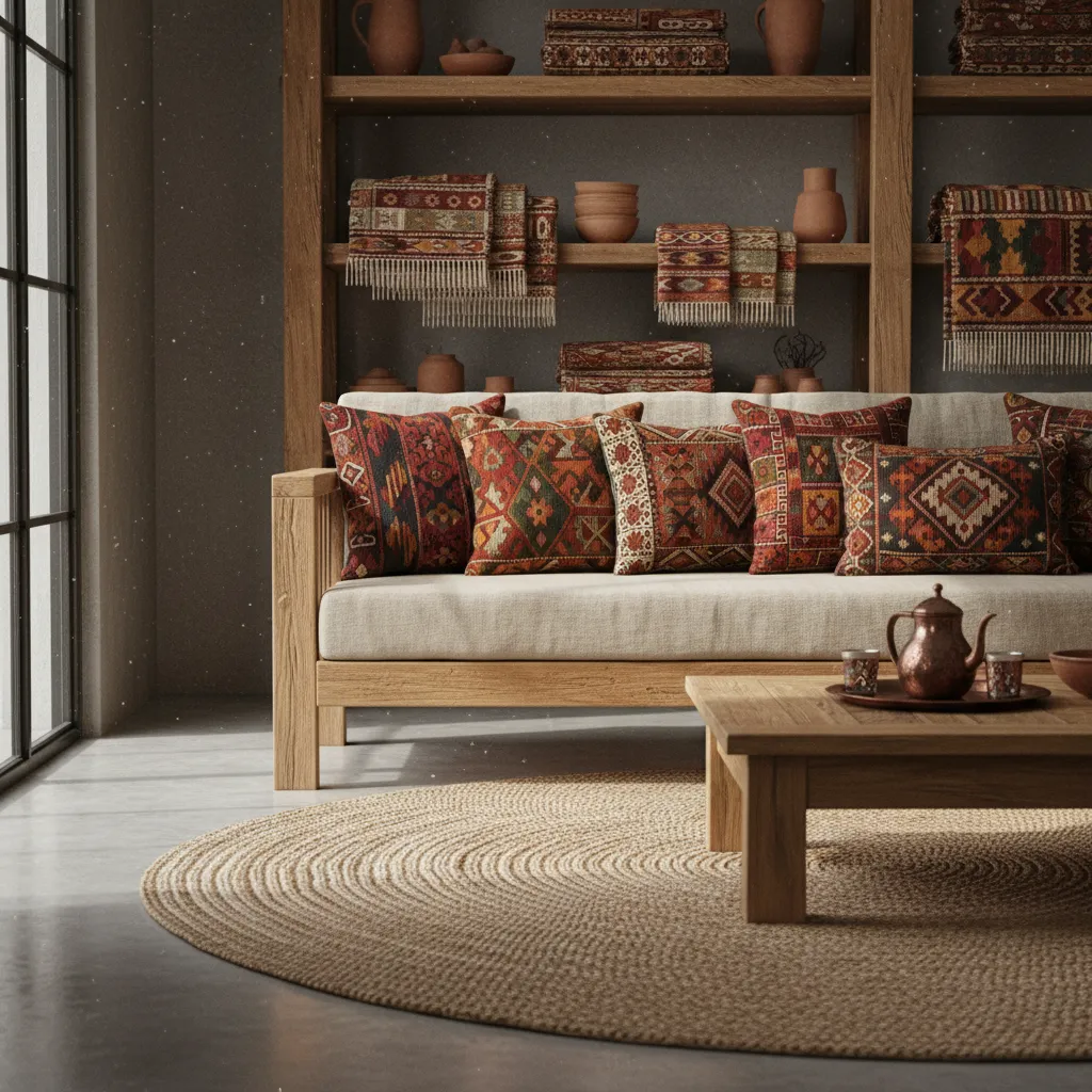 Tatreez embroidered cushions and textiles used in Palestinian interior decoration