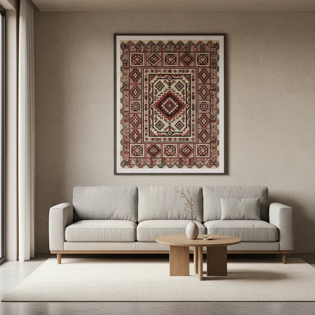 Framed Palestinian embroidery displayed on neutral modern living room wall