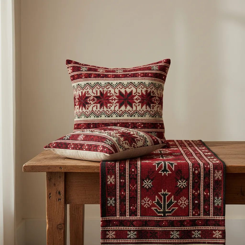 Hand embroidered Palestinian tatreez textiles and cushions arranged on a wooden table