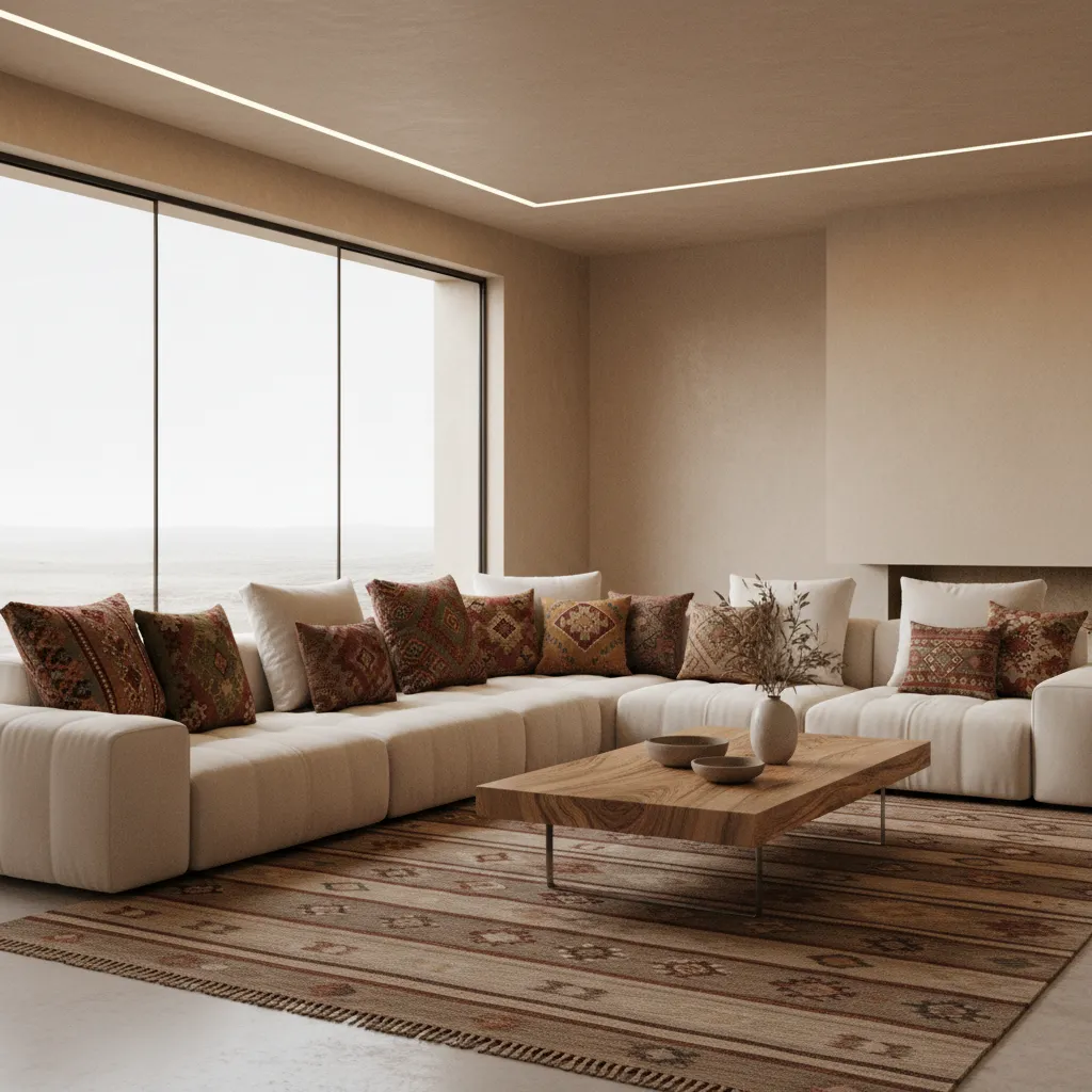 Modern living room incorporating Palestinian textiles and cultural decor elements