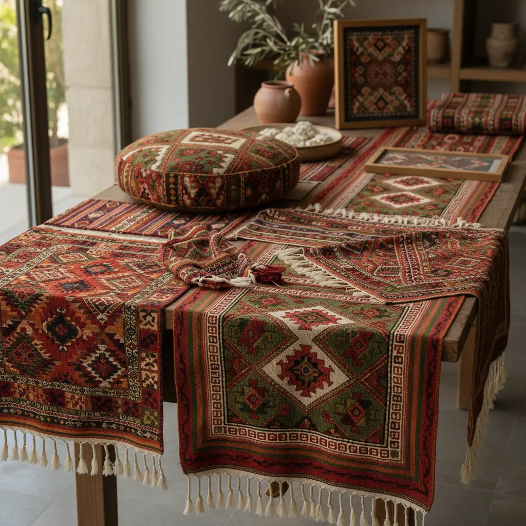 Display of Palestinian embroidery patterns and woven fabrics used in interior decor