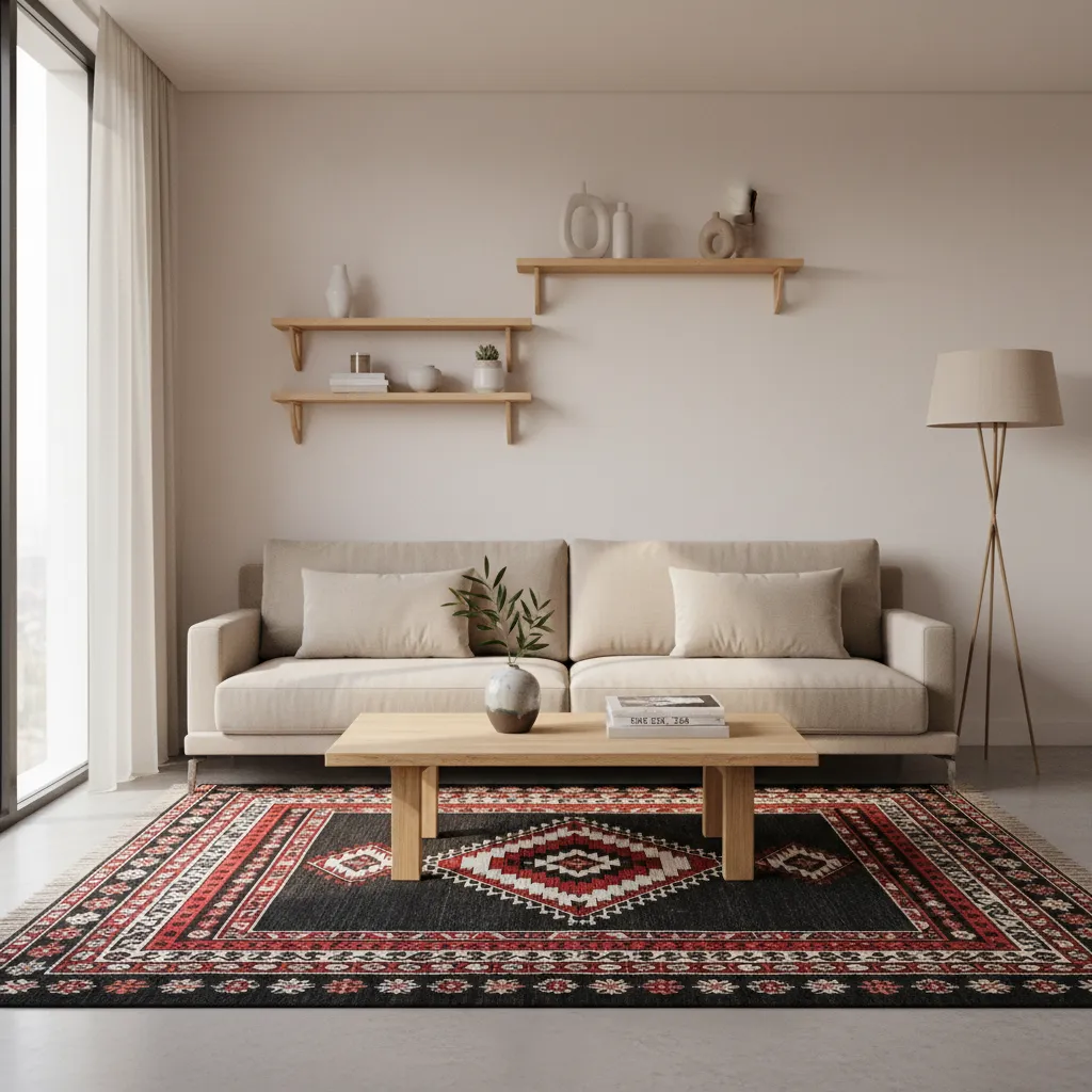 Small living room with single Palestinian patterned rug and neutral furniture