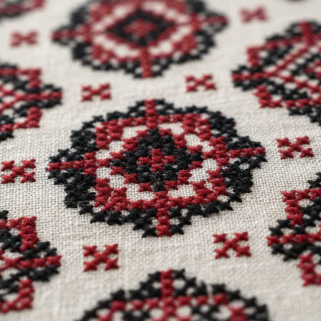 Close-up of authentic Palestinian tatreez embroidery showing hand stitching