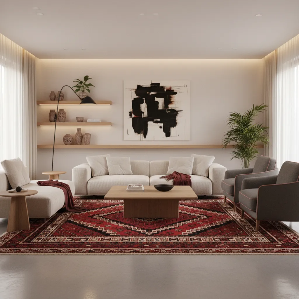 Interior color palette inspired by Palestinian rug and embroidery