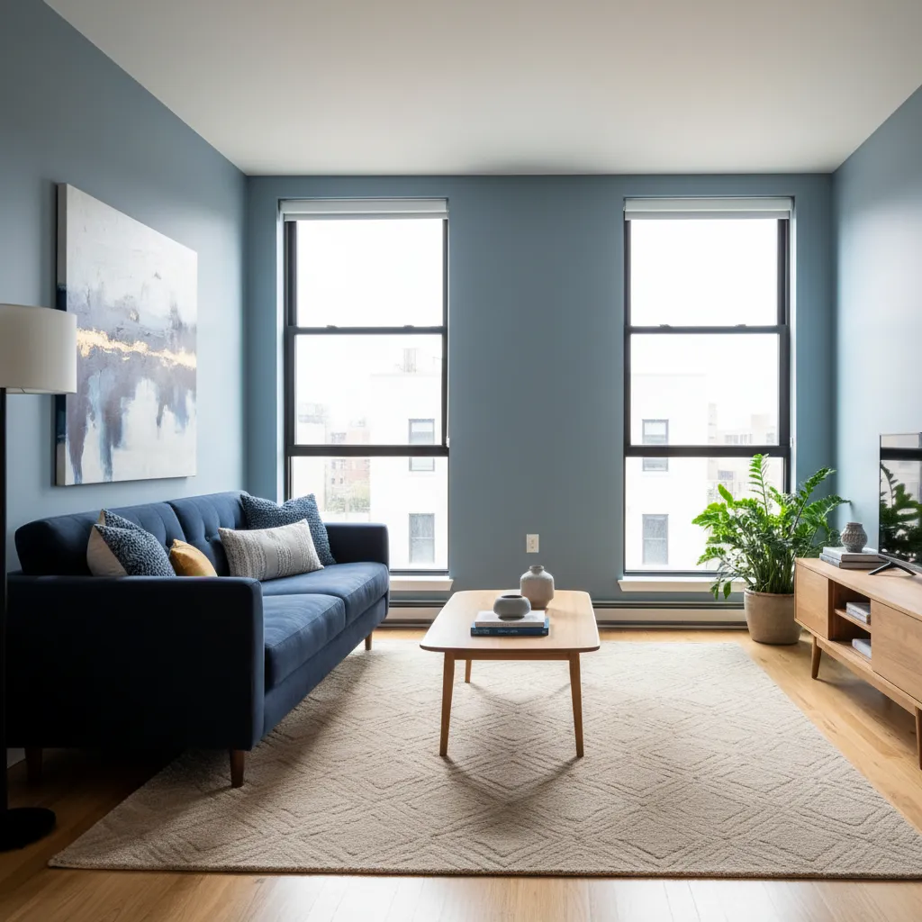 Small living room with blue walls, dark blue sofa, wooden coffee table, rug, and windows