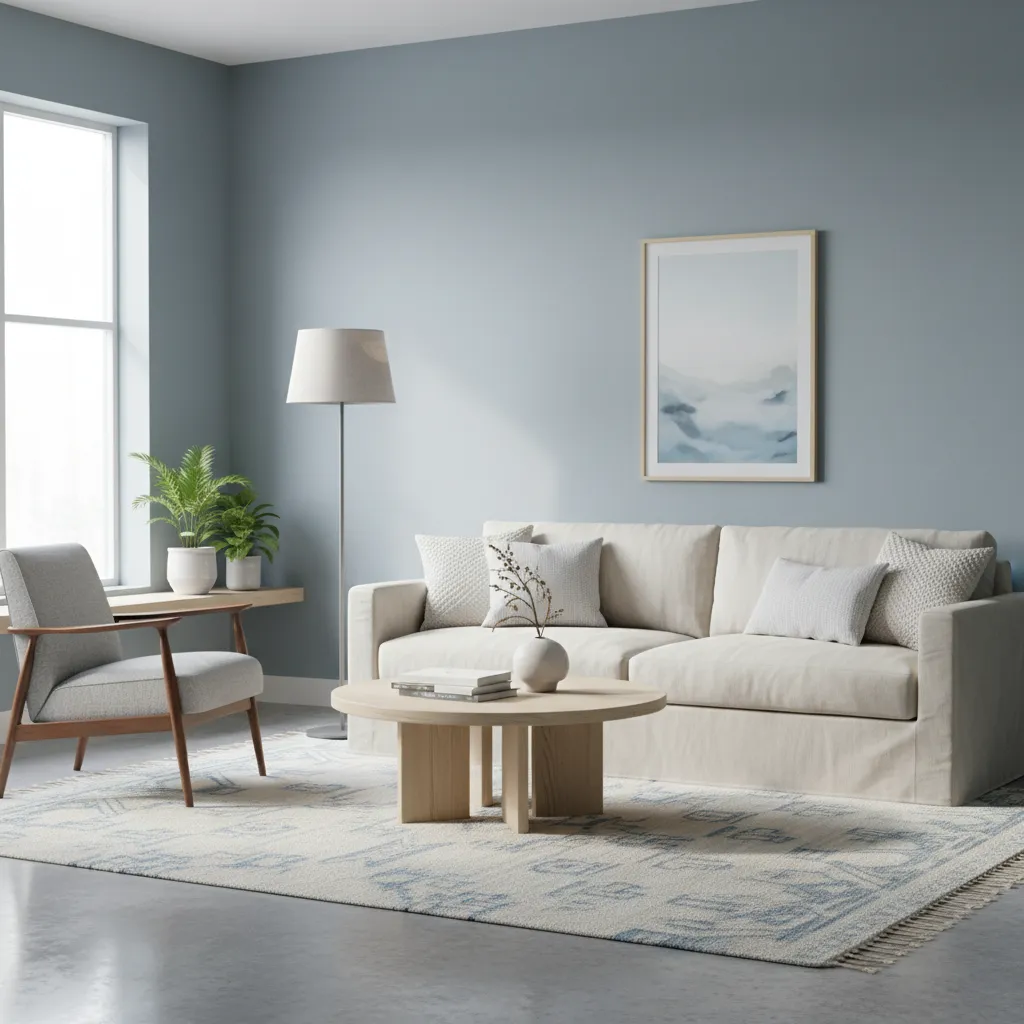 Modern living room with light blue walls, cream sofa, wooden coffee table, armchair, and plants