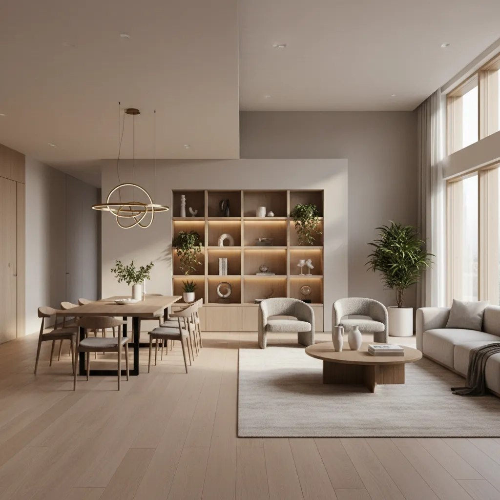 Interior de casa con diferentes habitaciones conectadas por una paleta de colores coherente