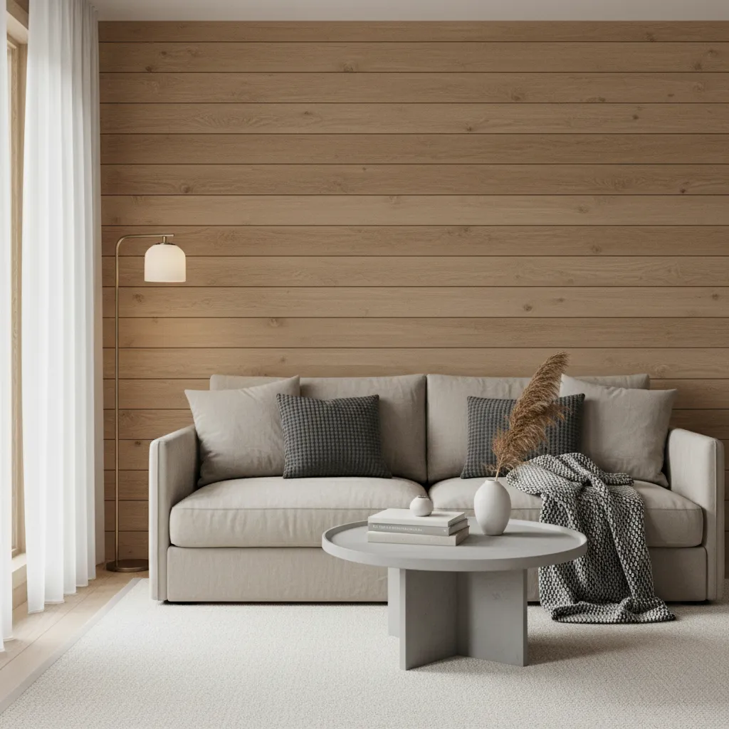 Minimalist living room with wood wall panel beige sofa floor lamp and round grey table
