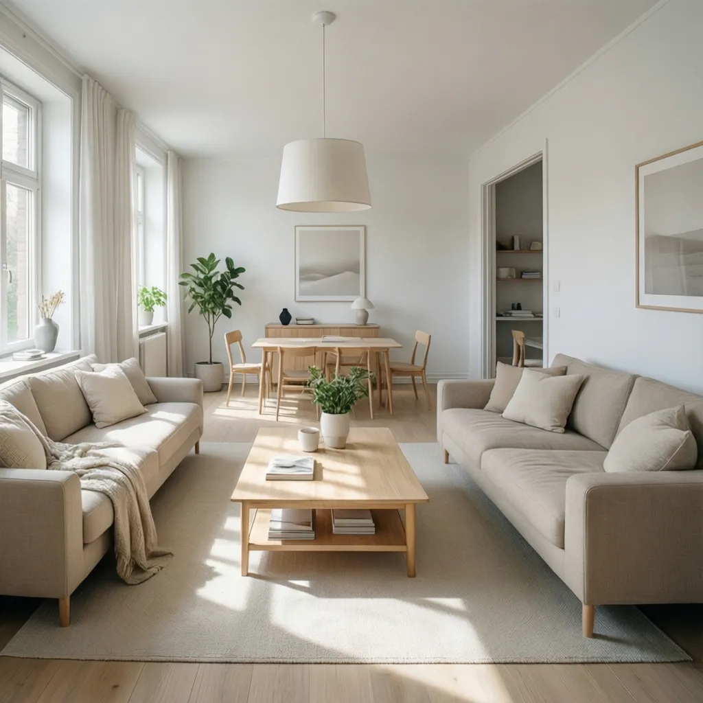Interior minimalista con paleta de colores claros y muebles neutros