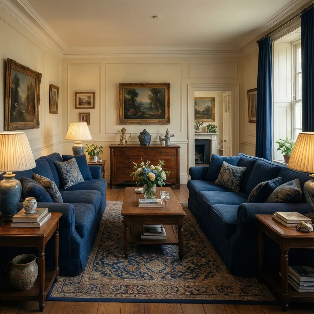 Interior clásico con paleta neutra y acentos profundos