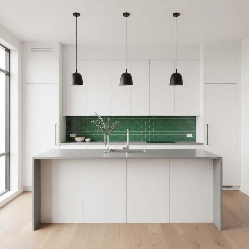 Cocina moderna con muebles blancos, encimera gris y salpicadero verde