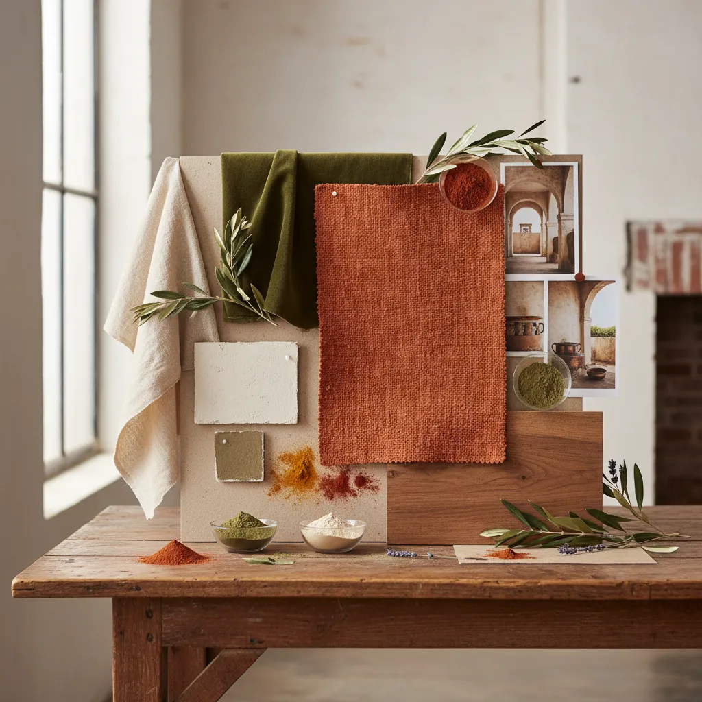 Material board on wood table showing terracotta fabric, green cloth, wood sample, and colorful spices