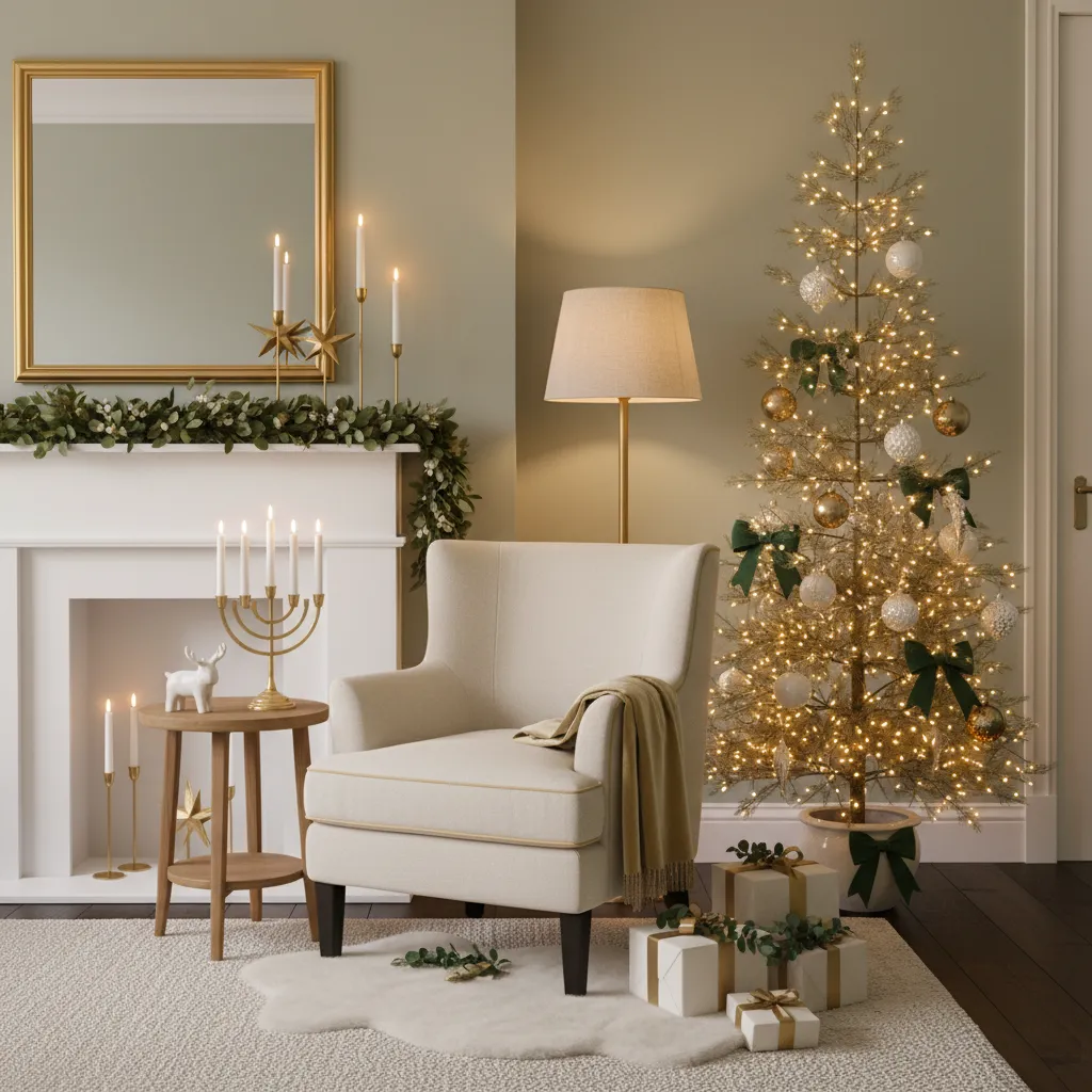 Decoración navideña con paleta de colores blanco dorado y verde